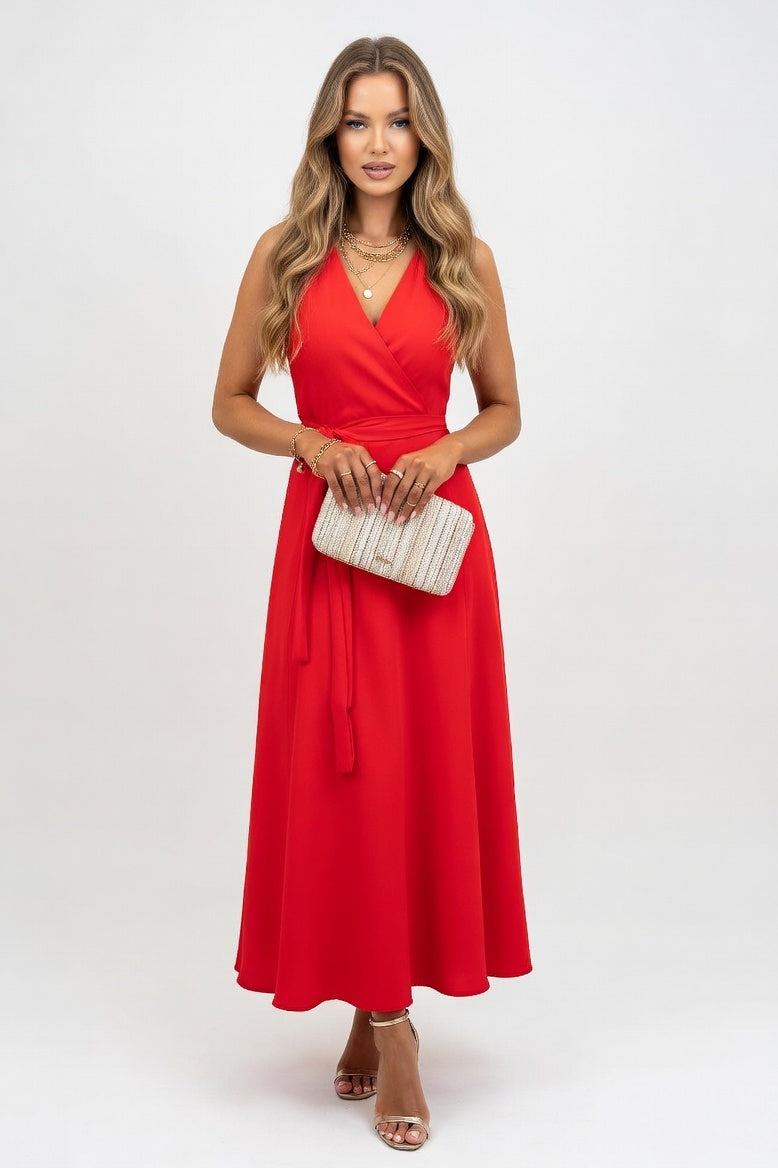 Lace-Up V-Neck Maxi Dress — Red