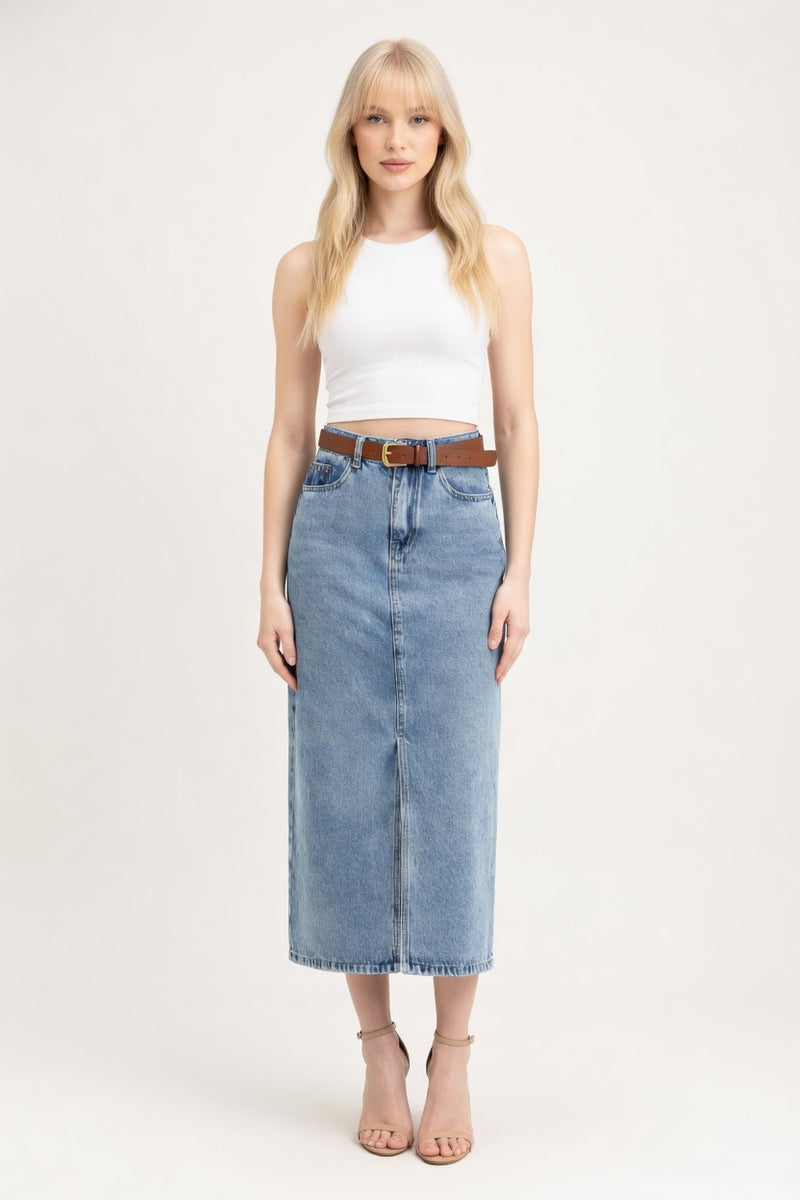 High-Waist Denim Skirt with Front Slit — front view