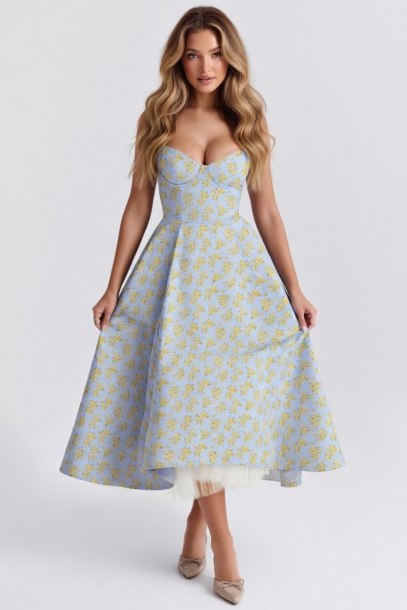 Mesh Double Layer Halter Dress — Blue Yellow Floral