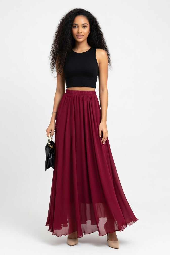 Chiffon High-Waist Maxi Skirt — Burgundy