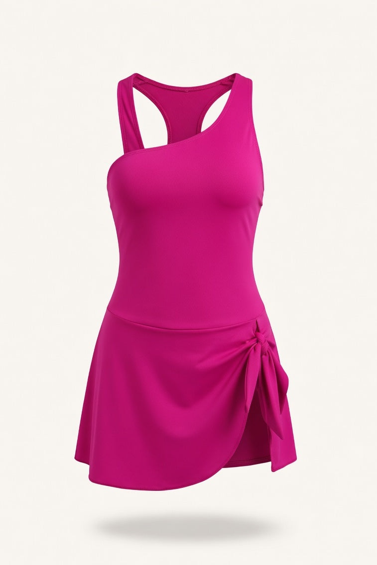 One Shoulder Print Swimsuit — Rose Red