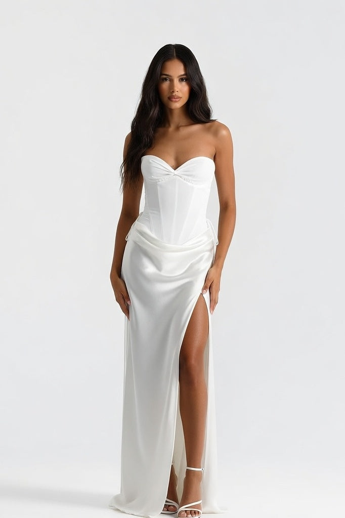 Draped Satin Dress — White
