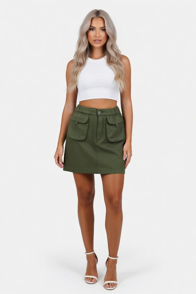 Washed Denim Midi Skirt — Army Green