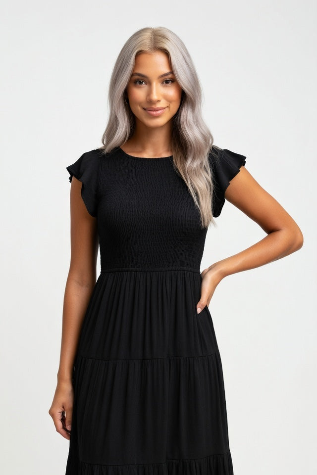 Tiered Mini Dress with Flutter Sleeves — Black