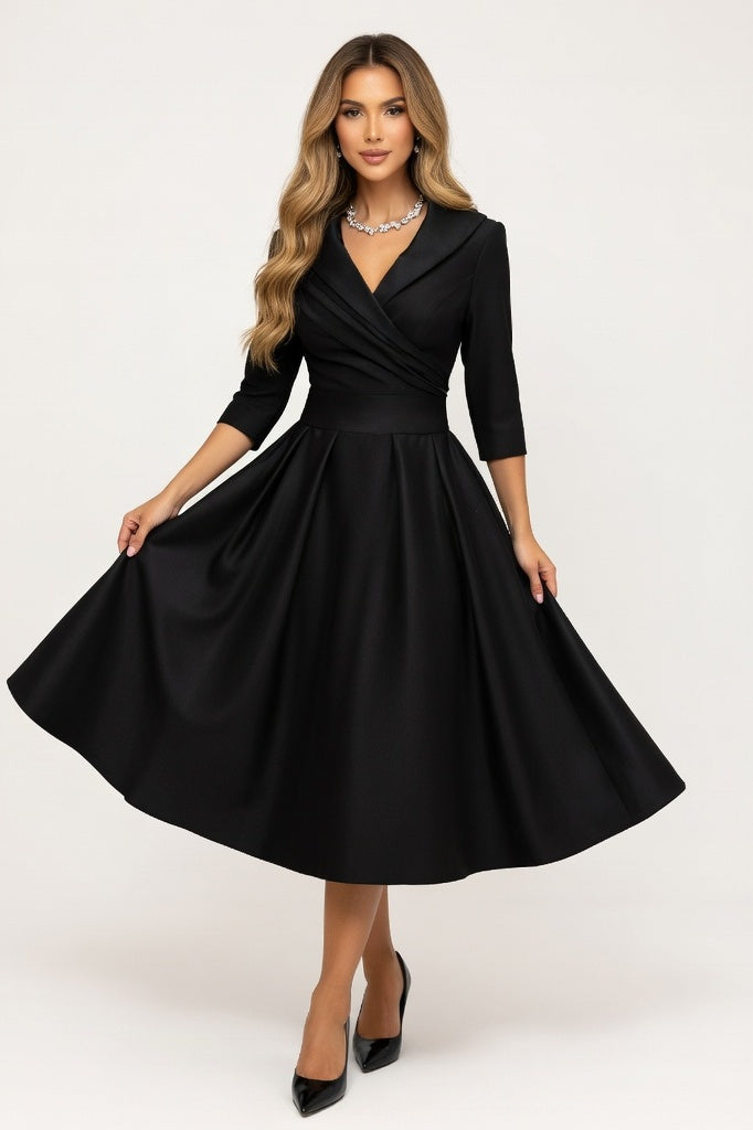V-Neck Waist-Cinched Dress — Black