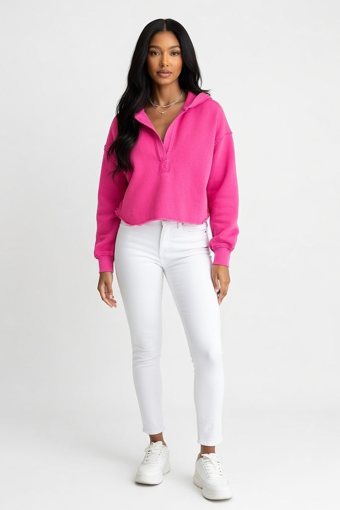 V-Neck Hooded Sweatshirt — Rose Red