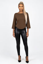 Fitted Cotton Three-Quarter Sleeve Top — Coffee