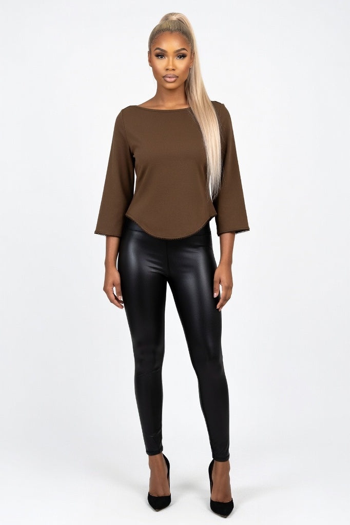 Fitted Cotton Three-Quarter Sleeve Top — Coffee