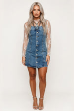 Distressed Denim Halter Dress — Dark Blue