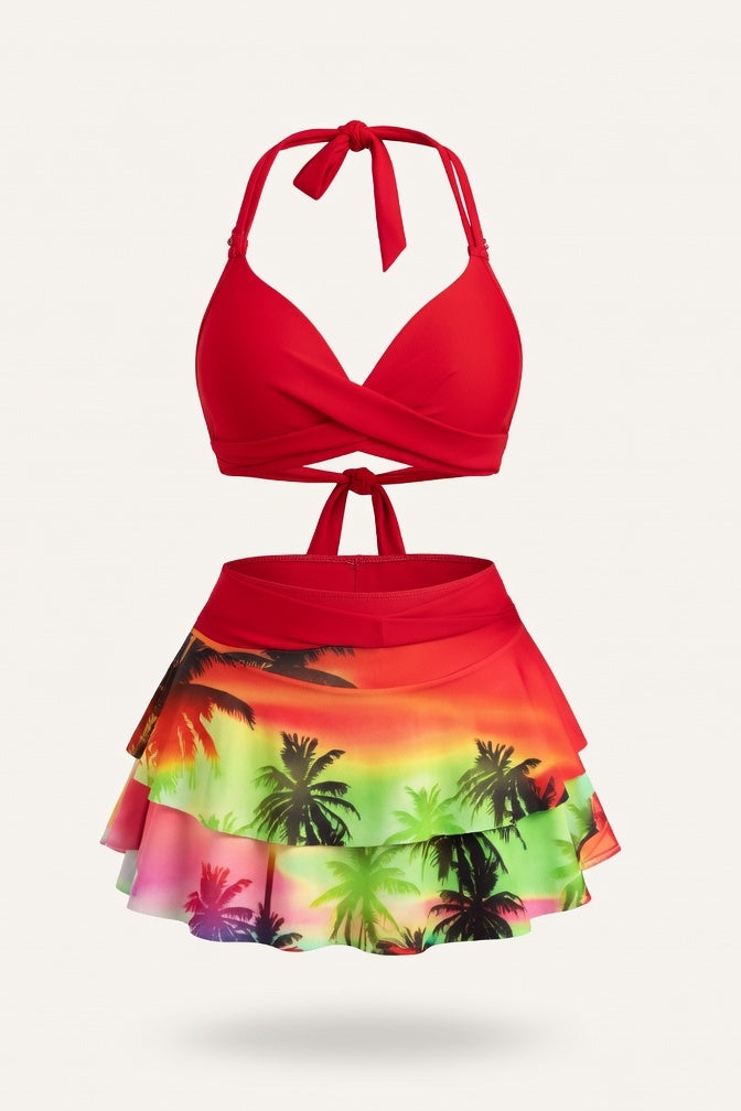 Ruffle Split Bikini Set — Red