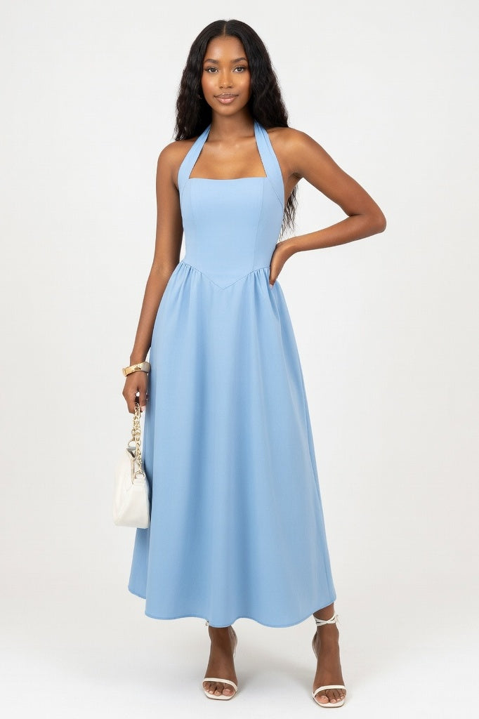 Square Neck Splice Dress — Blue