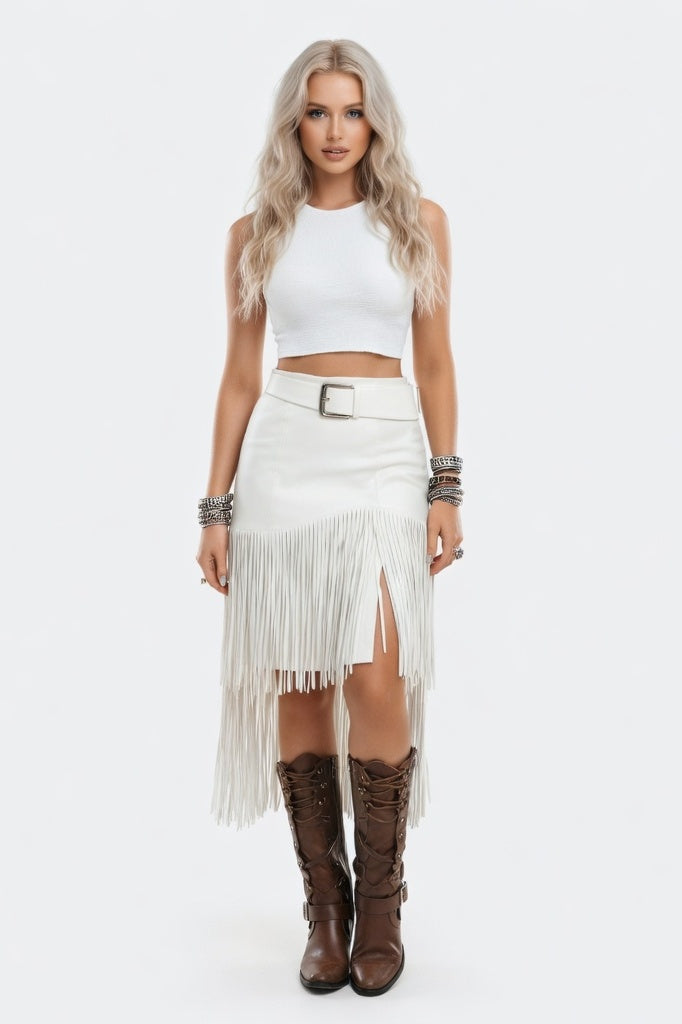 Tassel Suede-Effect Skirt — White