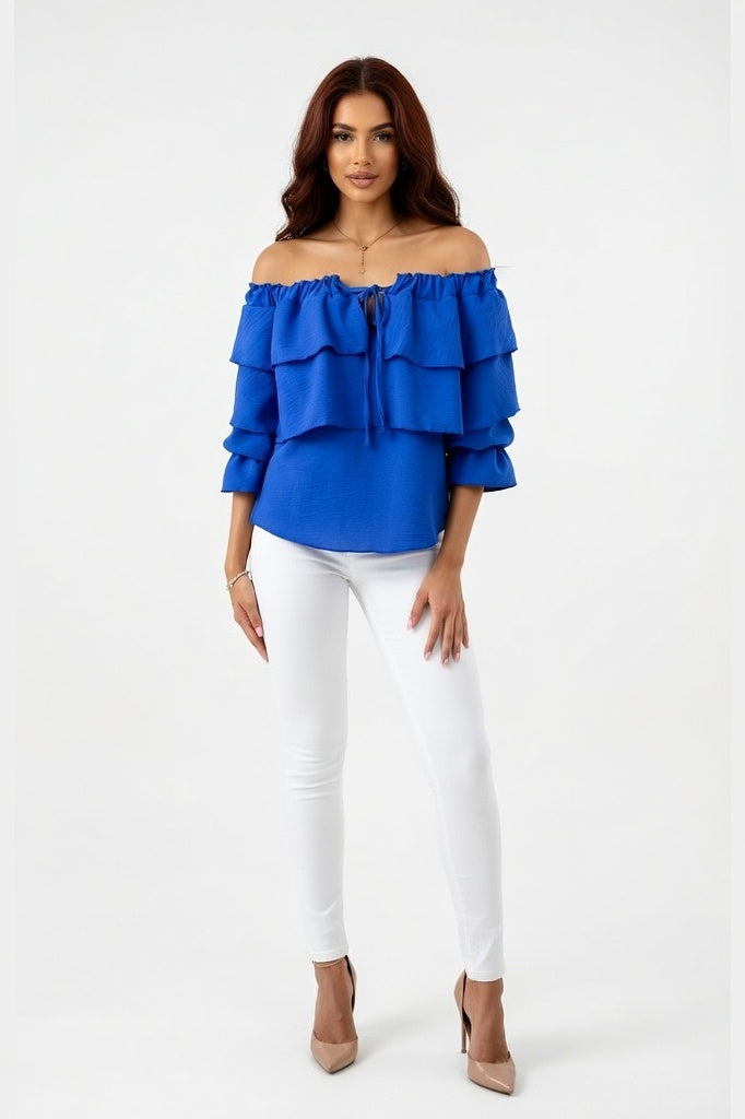 Off Shoulder Chiffon Top — Blue