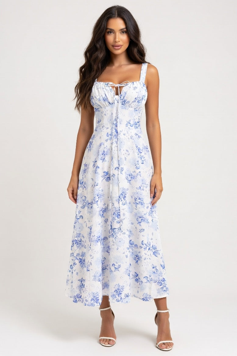 Printed Halter Dress — Blue Floral
