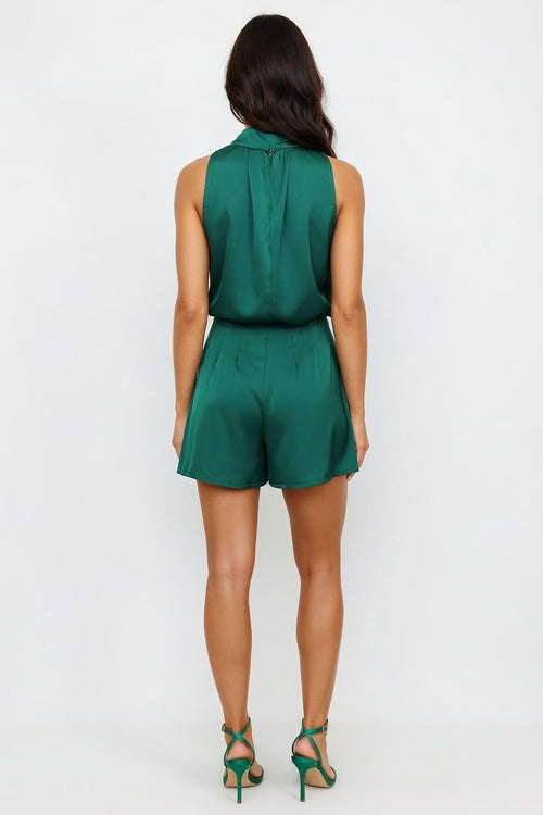 Halterneck Satin Playsuit — back view