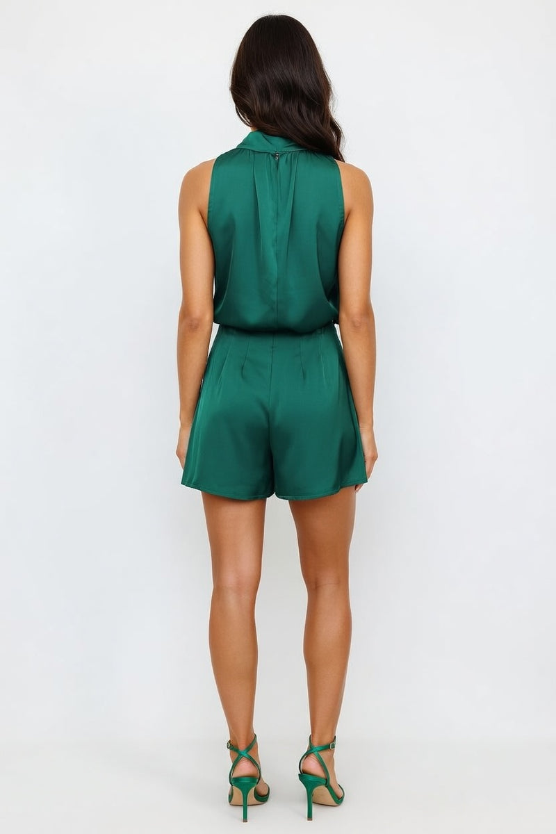 Halterneck Satin Playsuit — back view