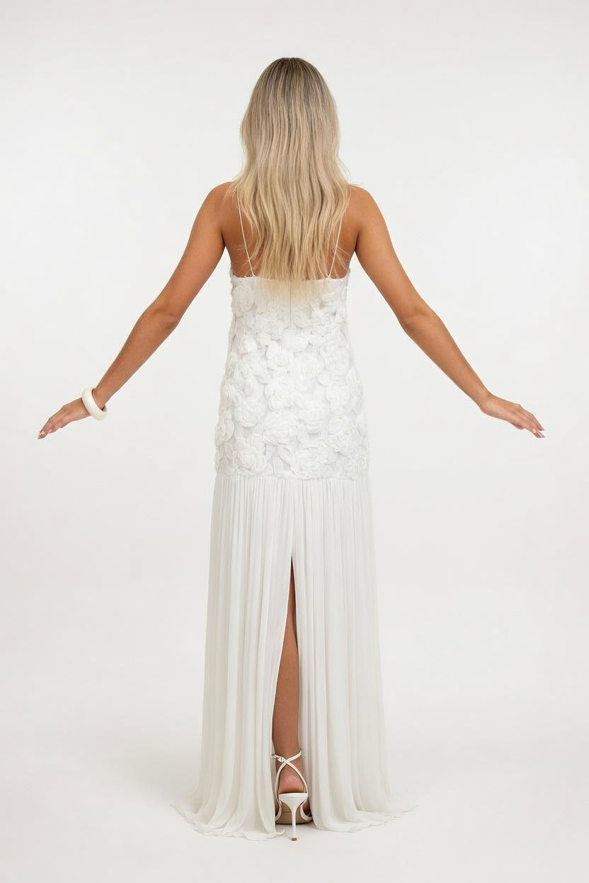 Rose Detail Ruffle Halter Dress — back view