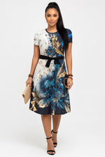 Printed Mini Dress with Belt — Blue