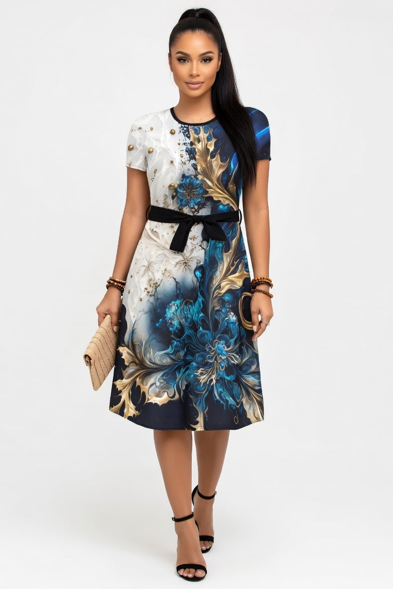 Printed Mini Dress with Belt — Blue