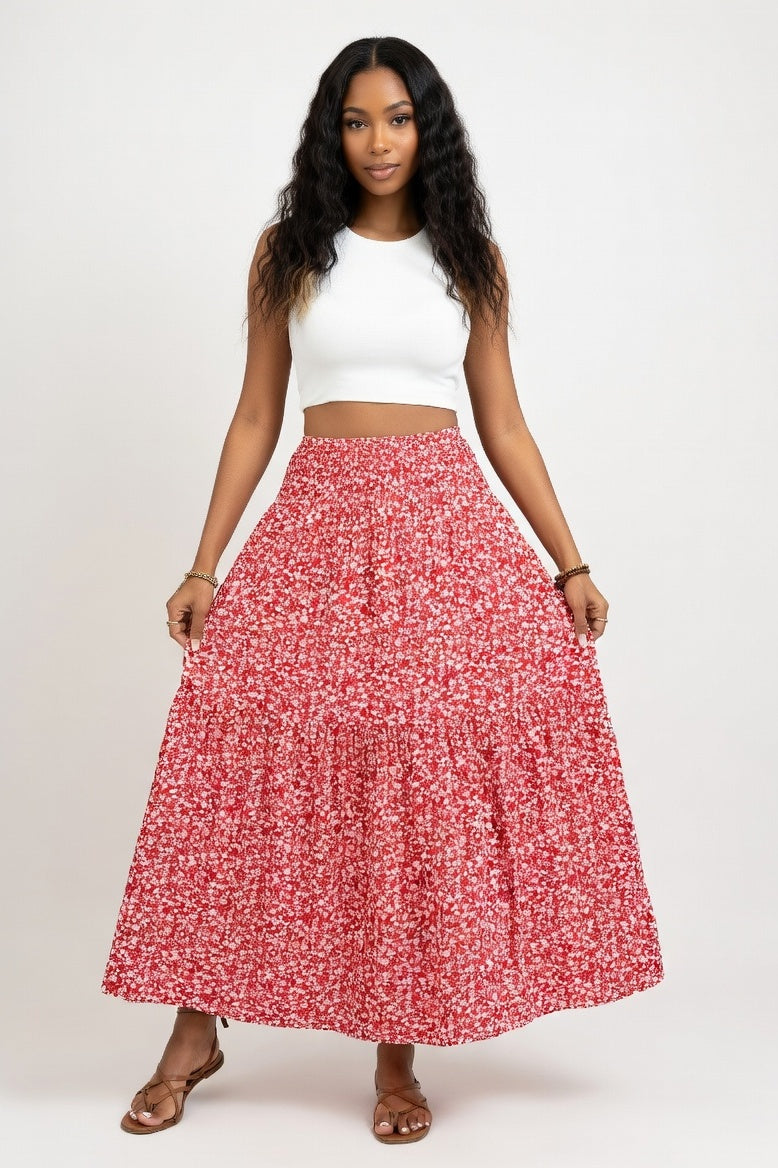 Floral A-Line Midi Skirt — Red Floral