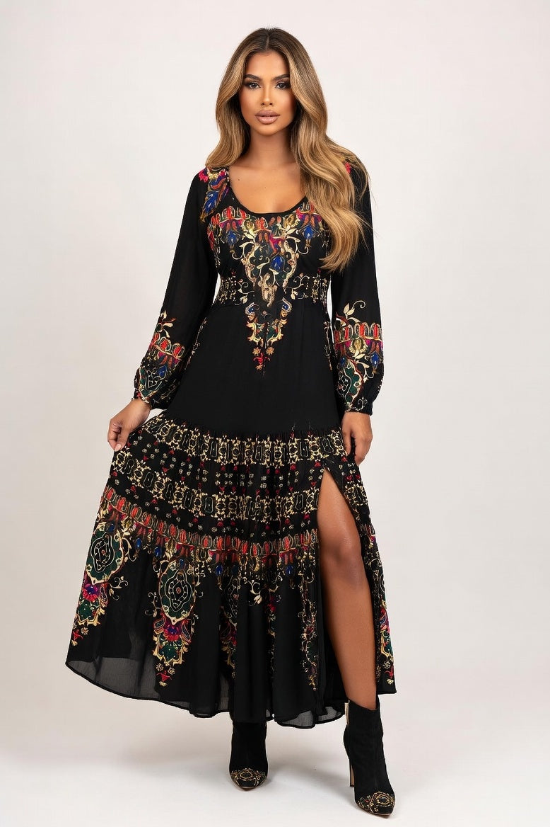 Printed U-Neck Maxi Dress — Black