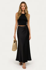 High-Waisted Satin Midi Skirt — Black