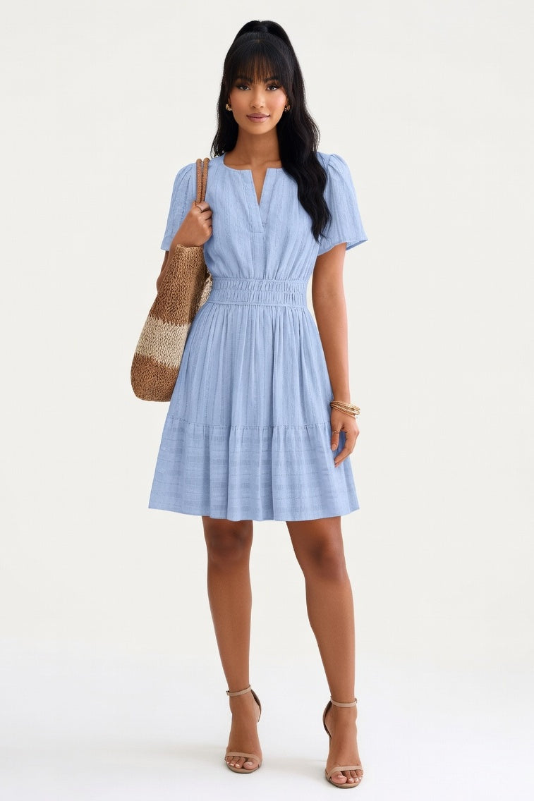 V-Neck Pleated Swing Dress — Light Blue