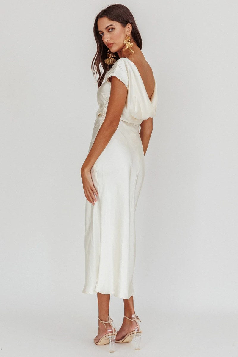 Satin One Shoulder Fishtail Dress — Ivory — colour variant