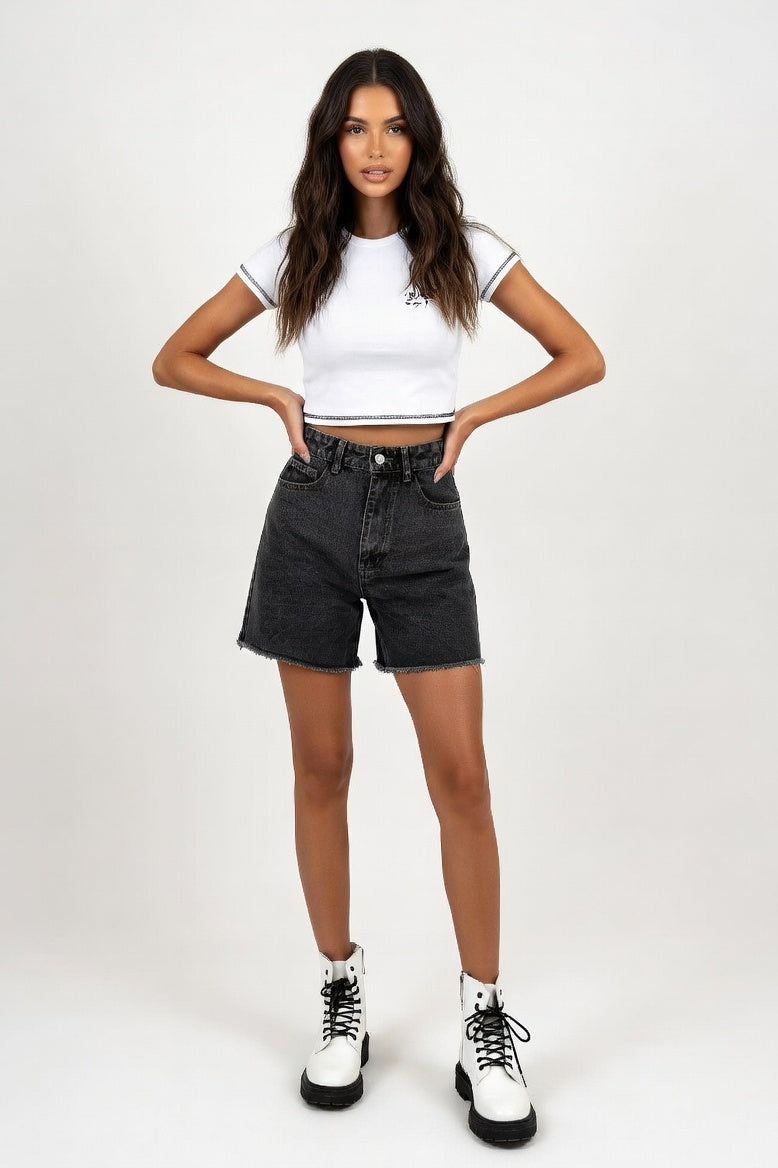 High Waist Denim Shorts — Dark Grey