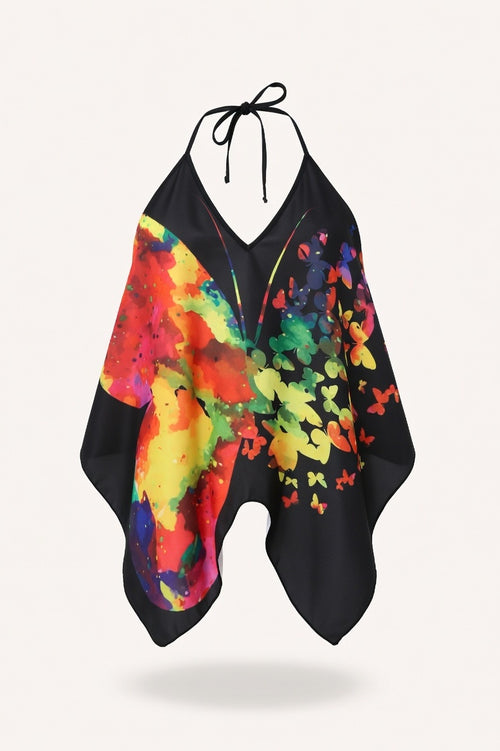 Butterfly Print Halter Dress — Black