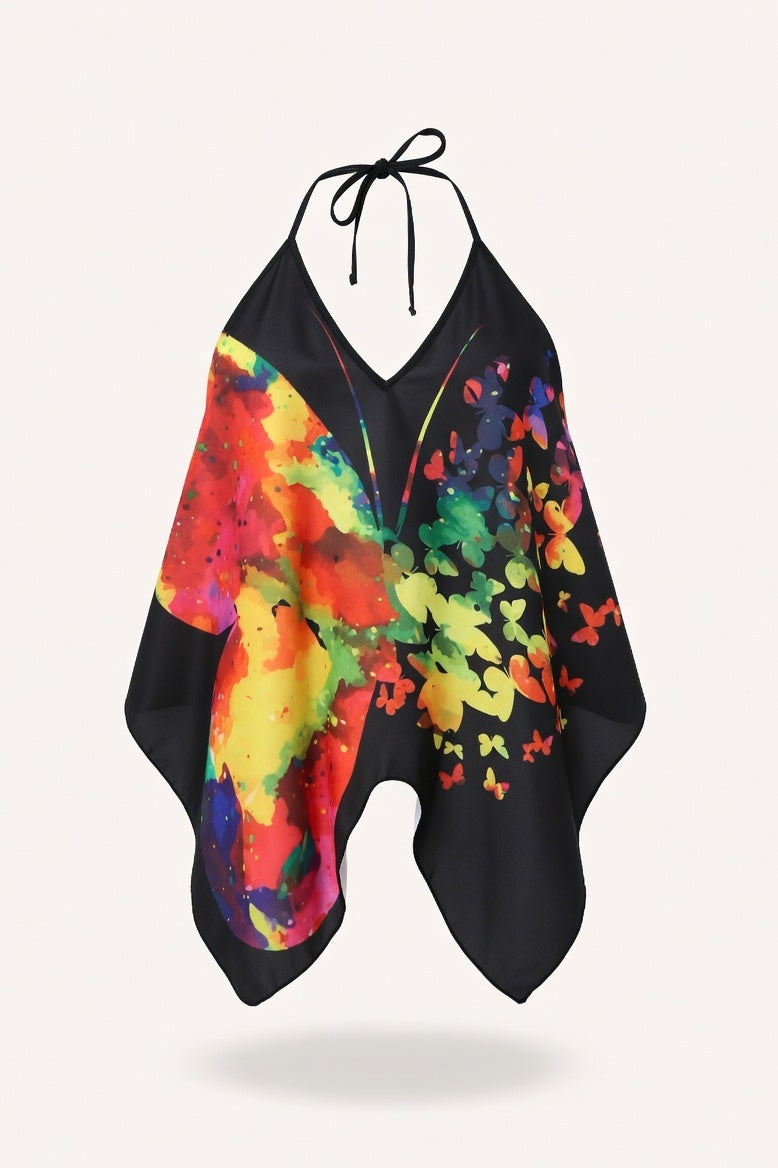 Butterfly Print Halter Dress — Black