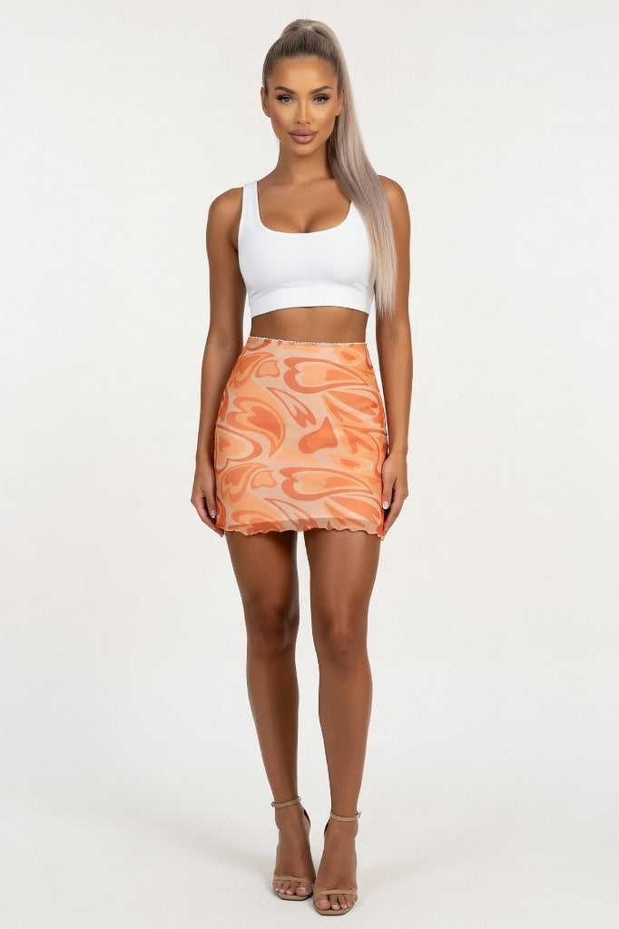 Printed Mesh Double Layer Mini Skirt — Orange