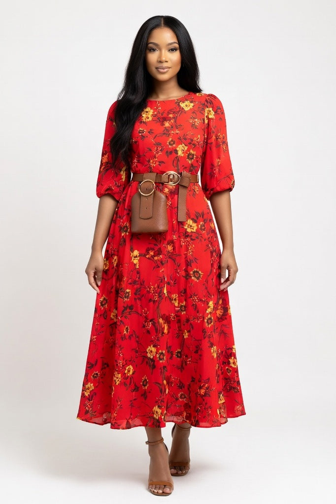 Chiffon Floral Maxi Dress — Red