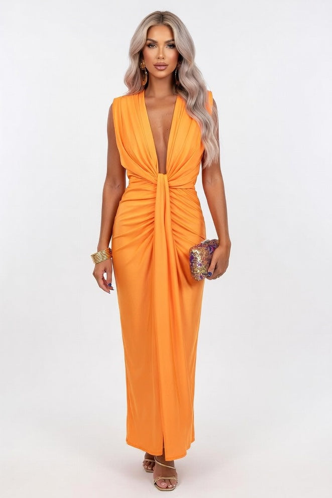 Satin V-Neck Pleated Dress — Orange