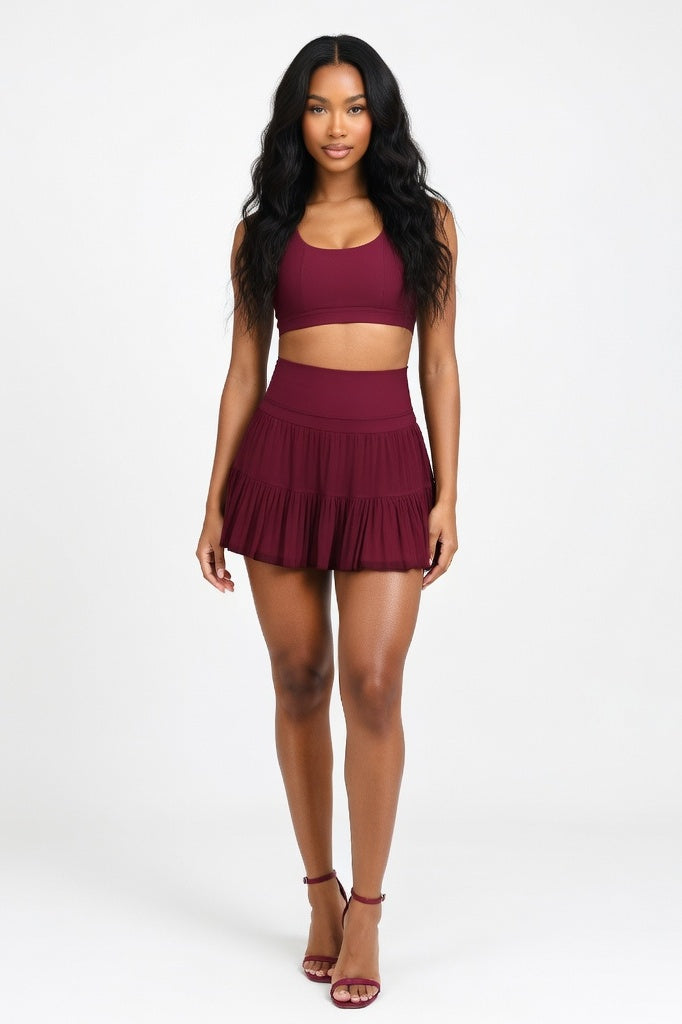 High Waisted Mini Skirt with Safety Shorts — Burgundy