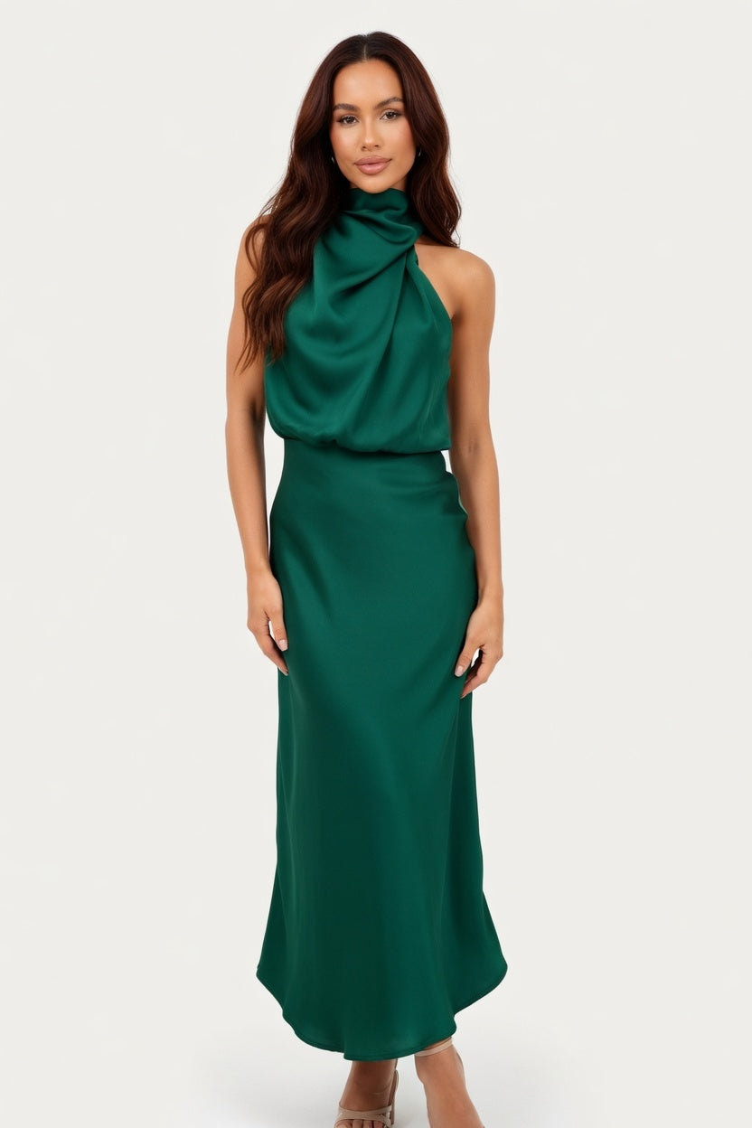 Sleeveless Satin Dress — Dark Green