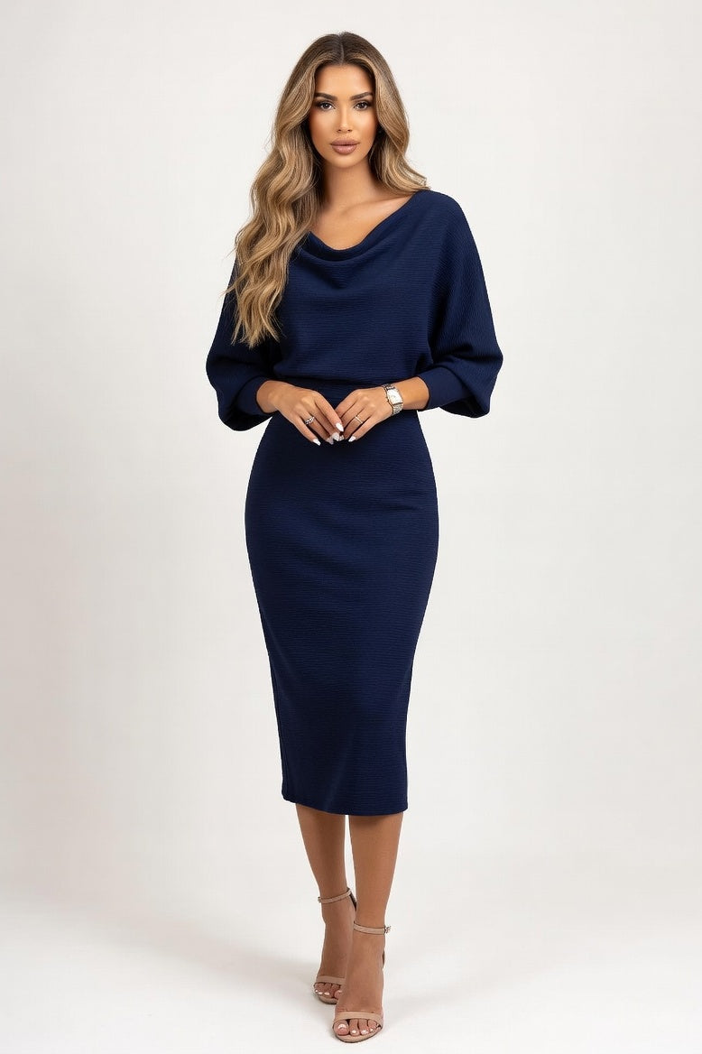 Batwing Knit Dress — Navy Blue