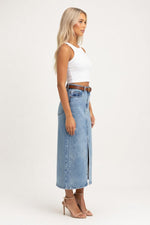 High-Waist Denim Skirt with Front Slit — side view