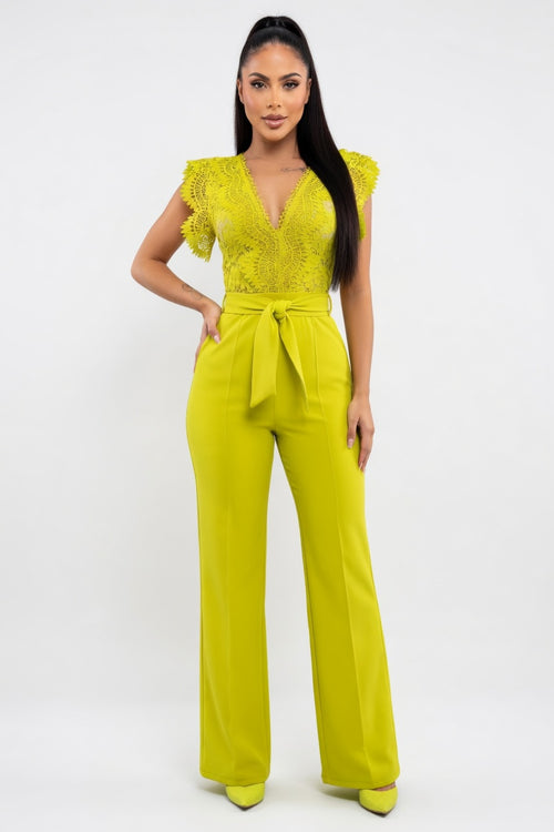 Lace Splice Sleeveless Jumpsuit — front view