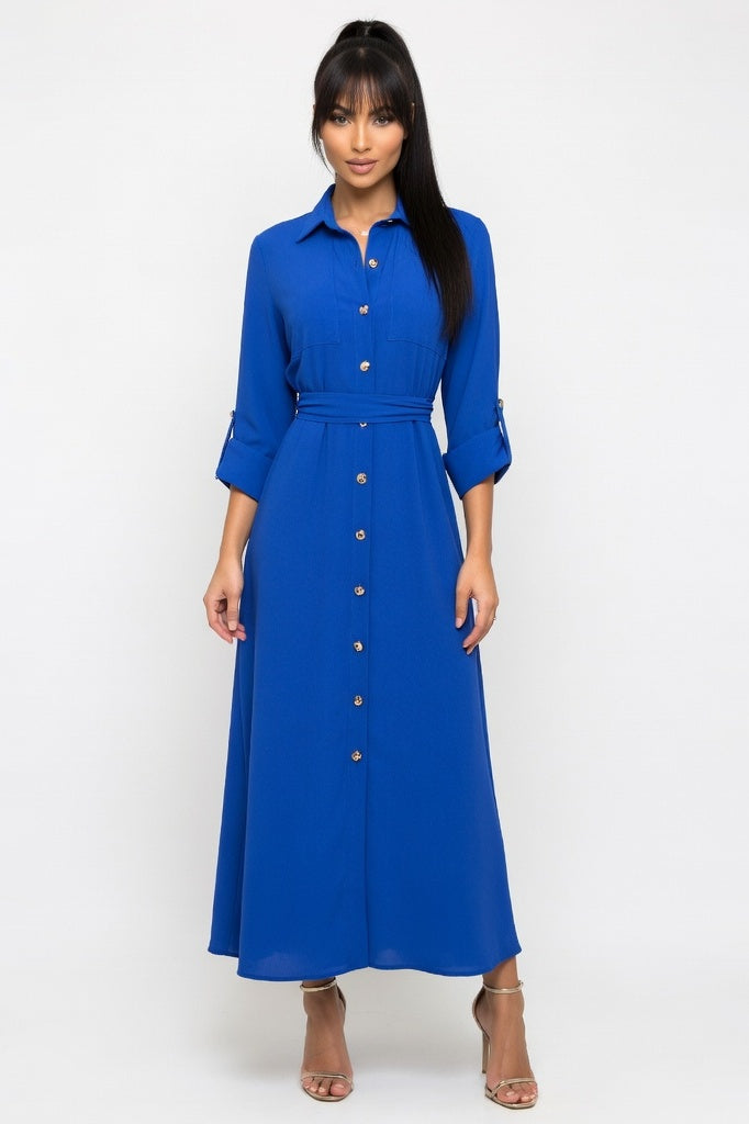Button Through Chiffon Midi Dress — Navy Blue