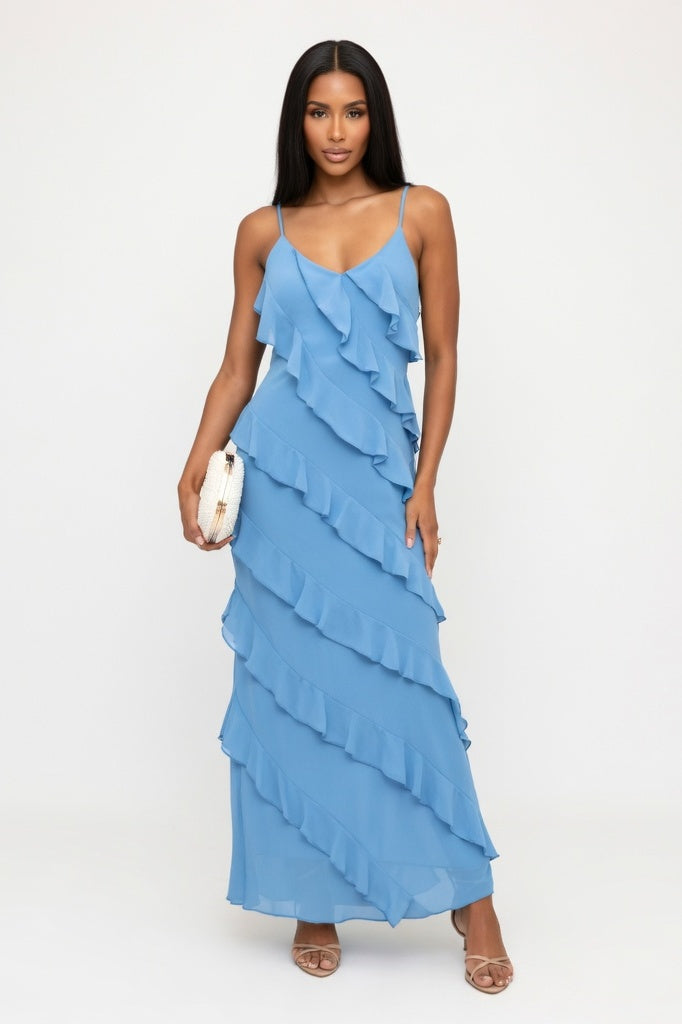 Halter Backless Dress with Side Slit — Blue