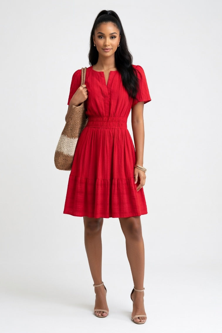 V-Neck Pleated Swing Dress — Red