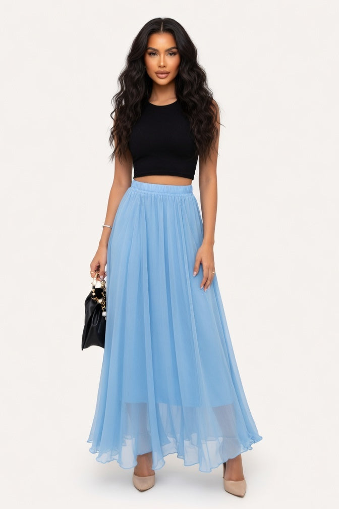 Chiffon High-Waist Maxi Skirt — Sky Blue