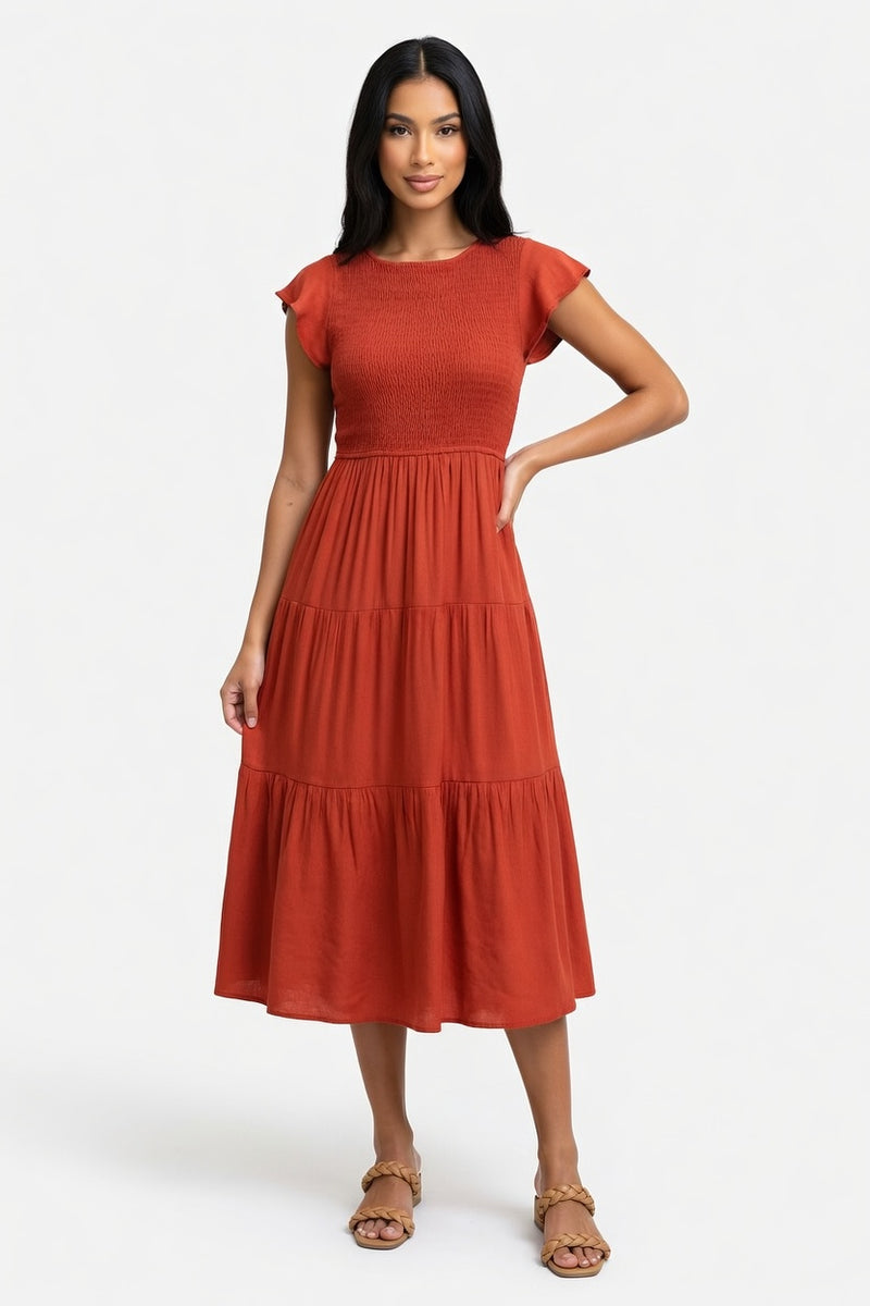 Tiered Mini Dress with Flutter Sleeves — front view