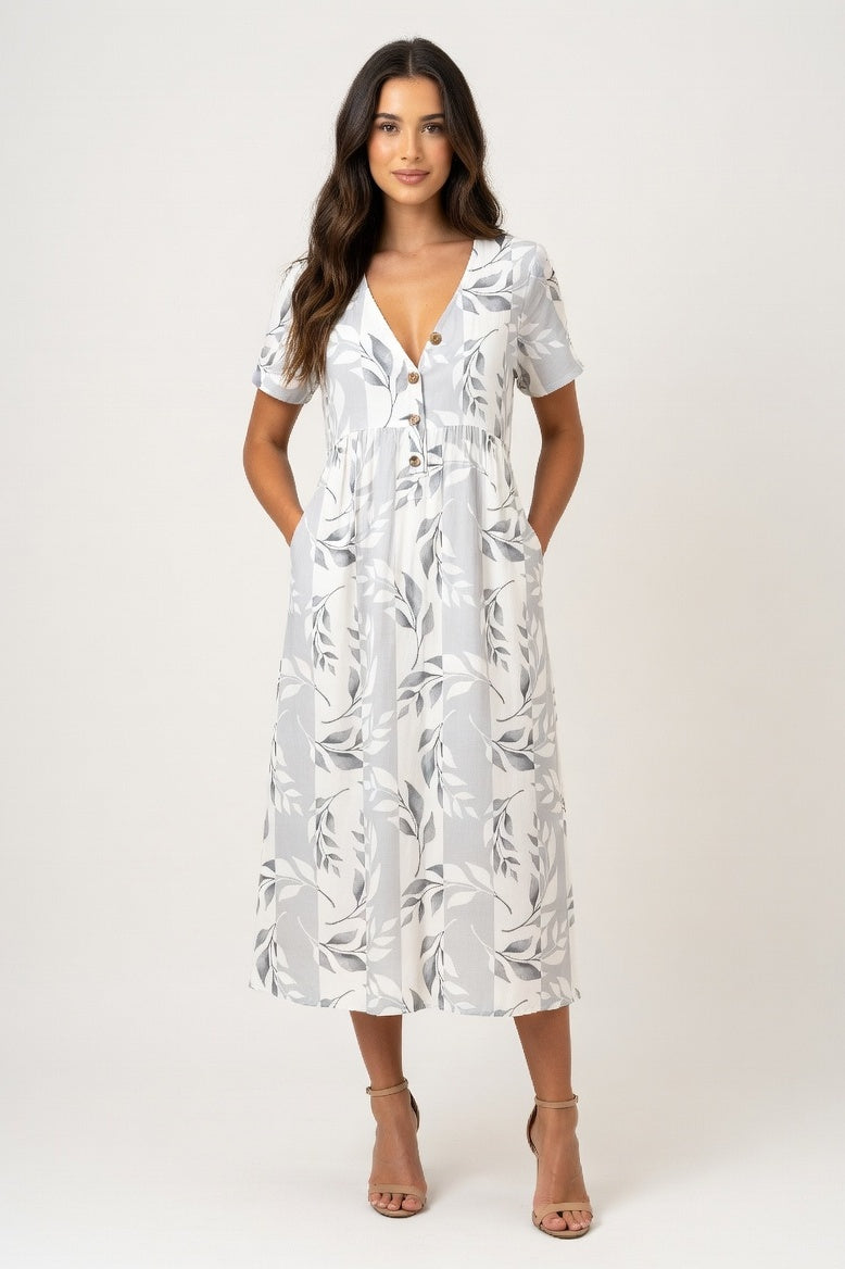 Knitted Dress Button Front Print — Grey