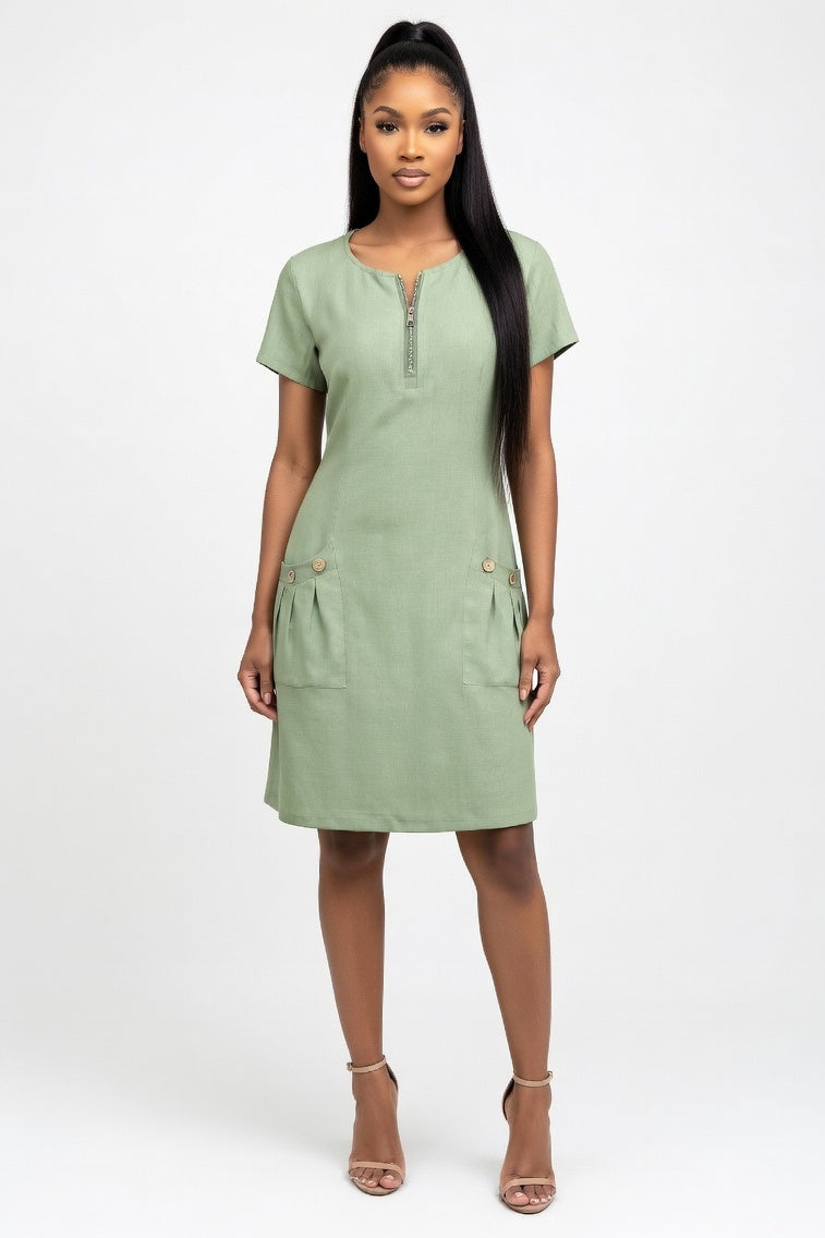 Zip Front Mini Dress — Light Green