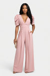 V-Neck Puff Sleeve Wide Leg Jumpsuit