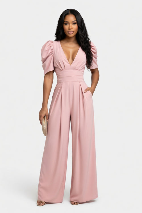 V-Neck Puff Sleeve Wide Leg Jumpsuit — front view