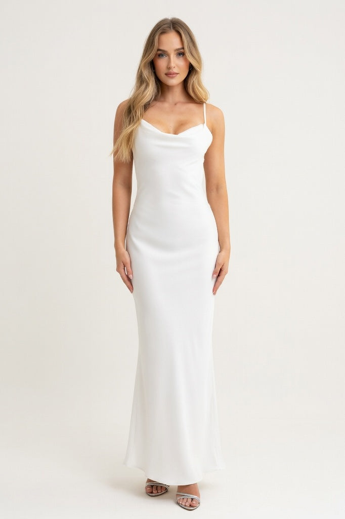 Mesh Backless Halter Dress — White