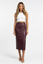PU Leather Slit Midi Skirt — Burgundy